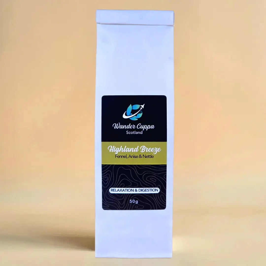 Highland Breeze herbal loose leaf tea from Wander Cuppa featuring a caffeine free blend of caraway, aniseeds, fennel seeds, and nettle leaves. This premium tea is a soothing Scottish herbal infusion inspired by the Highlands, perfect for digestion and a relaxing cuppa tea. As a wholesale tea supplier UK, we offer this vegan tea and full leaf tea for cafes and retail across Scotland and the UK. High-quality caffeine free tea and loose leaf tea near me for a restorative cup of tea.