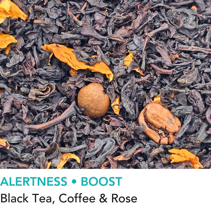 Edinburgh Dusk black loose leaf tea with roasted coffee beans and rose petals from Wander Cuppa. This premium tea is an energising Scottish blend inspired by the capital, perfect for a relaxing cuppa tea or afternoon tea. As a wholesale tea supplier UK, we provide this vegan tea and full leaf tea for cafes and retail across Scotland and the UK. A unique blend of loose leaf tea near me featuring bold black tea leaves, cocoa, and coffee beans.