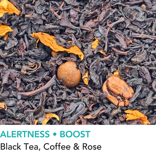 Edinburgh Dusk black loose leaf tea with roasted coffee beans and rose petals from Wander Cuppa. This premium tea is an energising Scottish blend inspired by the capital, perfect for a relaxing cuppa tea or afternoon tea. As a wholesale tea supplier UK, we provide this vegan tea and full leaf tea for cafes and retail across Scotland and the UK. A unique blend of loose leaf tea near me featuring bold black tea leaves, cocoa, and coffee beans.