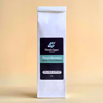 Forest Adventure fruit infusion loose leaf tea from Wander Cuppa. This premium tea is a vibrant caffeine free wellness blend featuring hibiscus, elderberry, and rose petals. Inspired by wild forests, it is a refreshing Scottish tea perfect for a healthy cuppa tea or afternoon tea. As a wholesale tea supplier UK, we provide this vegan tea and full leaf tea for retail and cafes across Scotland and the UK. High-quality fruit teas and loose leaf tea near me for a revitalising cup of tea.