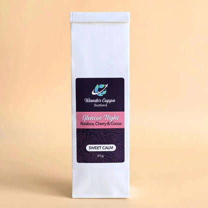 Glencoe Night caffeine free rooibos loose leaf tea from Wander Cuppa featuring premium super grade rooibos with cherry and chocolate notes. This luxurious Scottish blend is inspired by the Highlands and is perfect for a relaxing afternoon tea or evening cuppa tea. As a wholesale tea supplier UK, we offer this vegan tea and full leaf tea for cafes and shops across Scotland and the UK. A high-quality loose leaf tea near me that is completely caffeine free and naturally sweet.