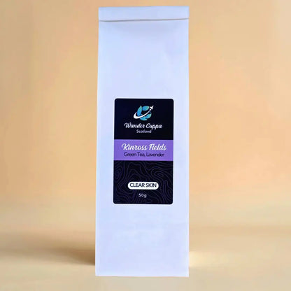 Kinross Fields green loose leaf tea from Wander Cuppa featuring a refreshing floral blend of lavender, hibiscus, rose petals, and elderflower with apple pieces. This premium tea is a caffeinated Scottish favourite inspired by the fields of Kinross, ideal for a morning cuppa tea or a relaxing afternoon tea. As a leading wholesale tea supplier UK, we offer this vegan tea and full leaf tea for retail and hospitality across Scotland and the UK. High-quality loose leaf tea near me providing a calming escape and 