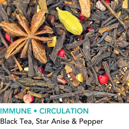 Mountain Escape chai loose leaf tea from Wander Cuppa featuring a bold blend of black tea, cassia bark, and star anise. This premium tea is inspired by rugged Scottish mountains and provides a warming boost for your immune system. As a wholesale tea supplier UK, we offer this spiced vegan tea and full leaf tea for a perfect cuppa tea or afternoon tea. High-quality Scotland tea with black pepper and cocoa beans available for wholesale tea orders across the UK.