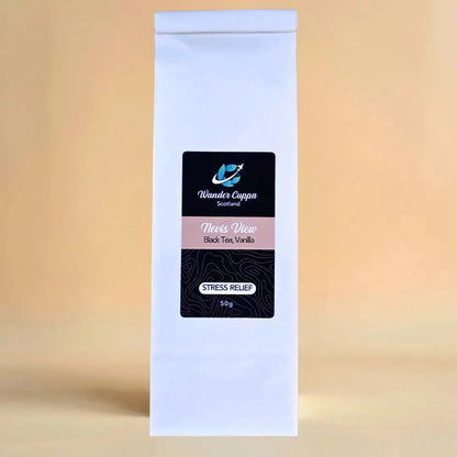Nevis View black loose leaf tea with vanilla bean pieces from Wander Cuppa. This premium tea is a caffeine-rich Scottish blend inspired by Ben Nevis, perfect for a relaxing cuppa tea or afternoon tea. As a wholesale tea supplier UK, we provide this vegan tea and full leaf tea for cafes and retail across Scotland and the UK. High-quality loose leaf tea near me featuring bold black tea leaves and real vanilla.