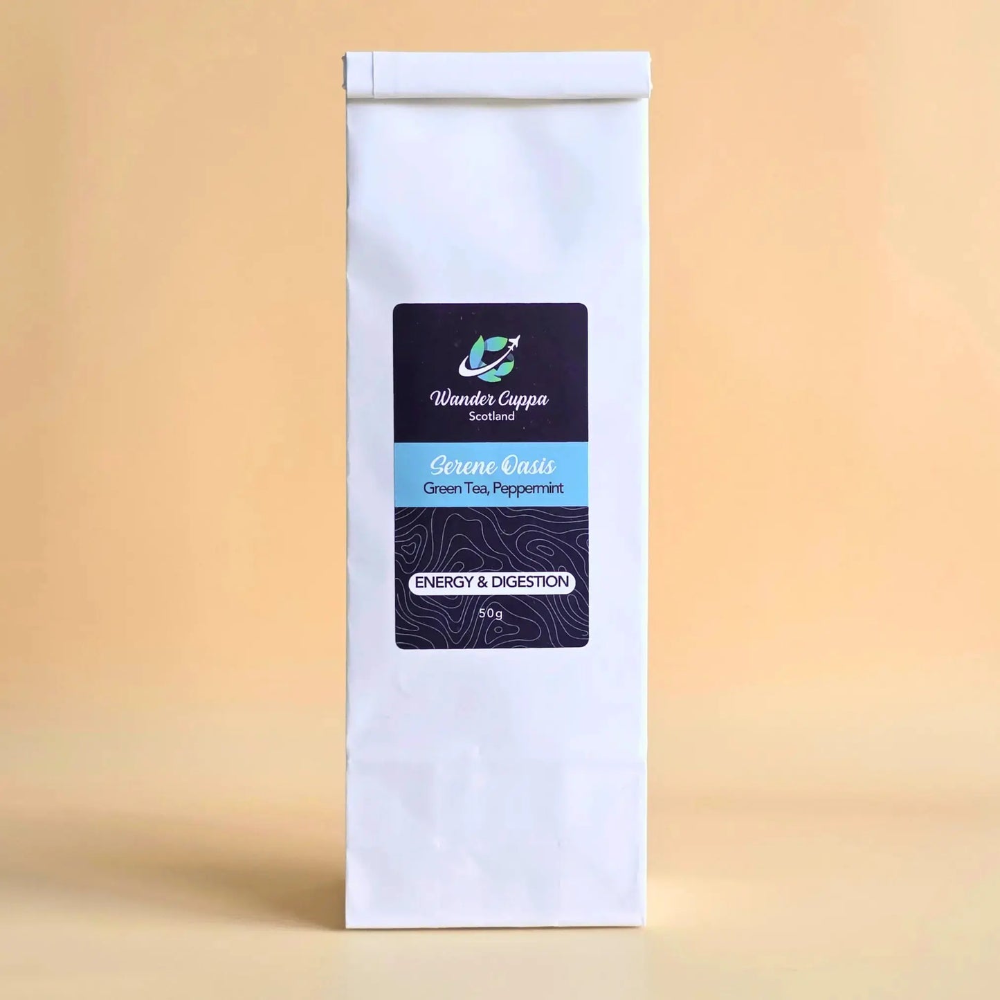 Serene Oasis green loose leaf tea with moringa leaves and spearmint from Wander Cuppa. This premium tea is an energising Scottish blend crafted for focus, featuring high-quality green tea and peppermint. As a wholesale tea supplier UK, we provide this vegan tea and full leaf tea for cafes and retail across Scotland and the UK. A refreshing cup of tea or cuppa tea perfect for afternoon tea or any time of day. High-grade loose leaf tea near me with cornflower and sunflower blossoms.