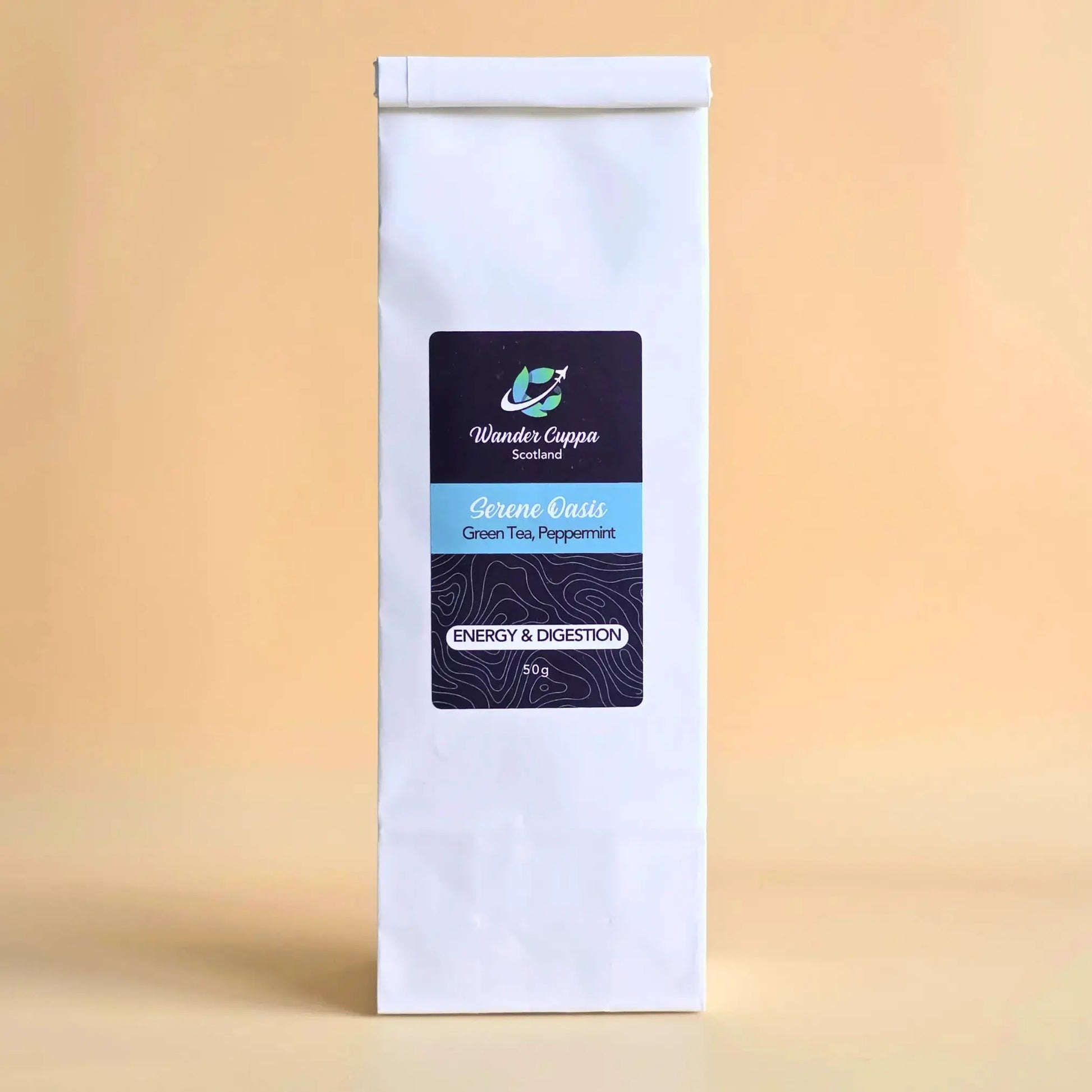 Serene Oasis green loose leaf tea with moringa leaves and spearmint from Wander Cuppa. This premium tea is an energising Scottish blend crafted for focus, featuring high-quality green tea and peppermint. As a wholesale tea supplier UK, we provide this vegan tea and full leaf tea for cafes and retail across Scotland and the UK. A refreshing cup of tea or cuppa tea perfect for afternoon tea or any time of day. High-grade loose leaf tea near me with cornflower and sunflower blossoms.